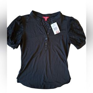 Guess Black Short Sleeve Top with Lace Detail, size M